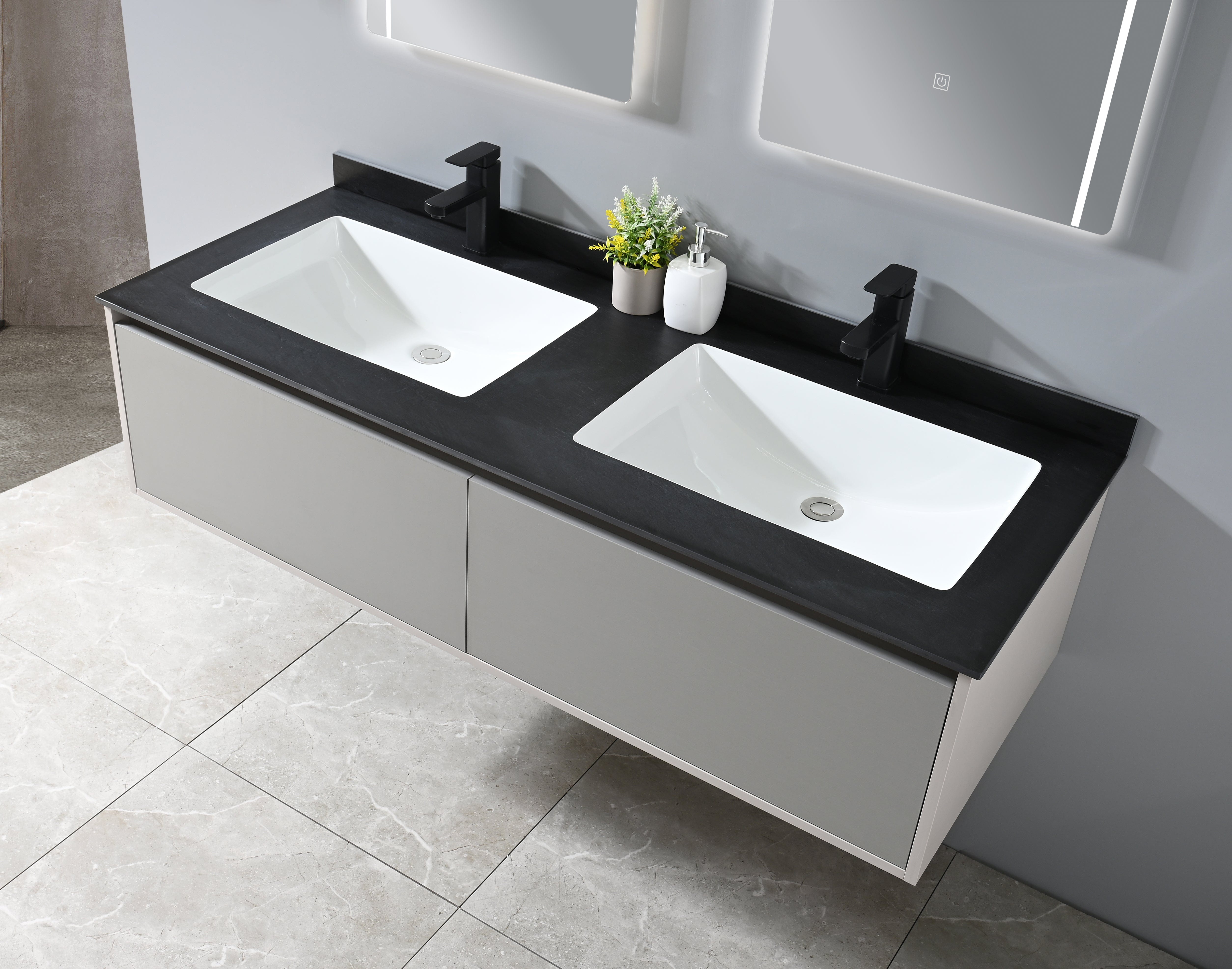 Auva Bath Ensemble Complet Eleganza 55": Double Bassin, Vanité, Deux Miroir LED